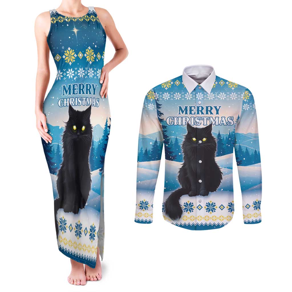 Merry Christmas Yule Cat Couples Matching Tank Maxi Dress and Long Sleeve Button Shirt Icelandic Folklore Jolakotturinn LT05 - Wonder Print Shop