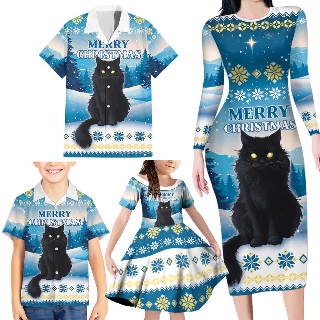 Merry Christmas Yule Cat Family Matching Long Sleeve Bodycon Dress and Hawaiian Shirt Icelandic Folklore Jolakotturinn LT05 - Wonder Print Shop