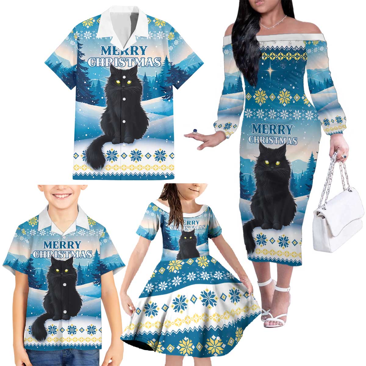 Merry Christmas Yule Cat Family Matching Off The Shoulder Long Sleeve Dress and Hawaiian Shirt Icelandic Folklore Jolakotturinn LT05 - Wonder Print Shop