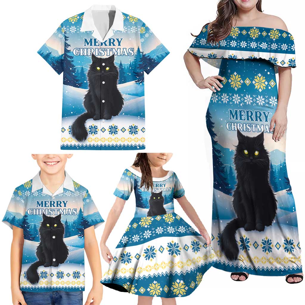 Merry Christmas Yule Cat Family Matching Off Shoulder Maxi Dress and Hawaiian Shirt Icelandic Folklore Jolakotturinn LT05 - Wonder Print Shop