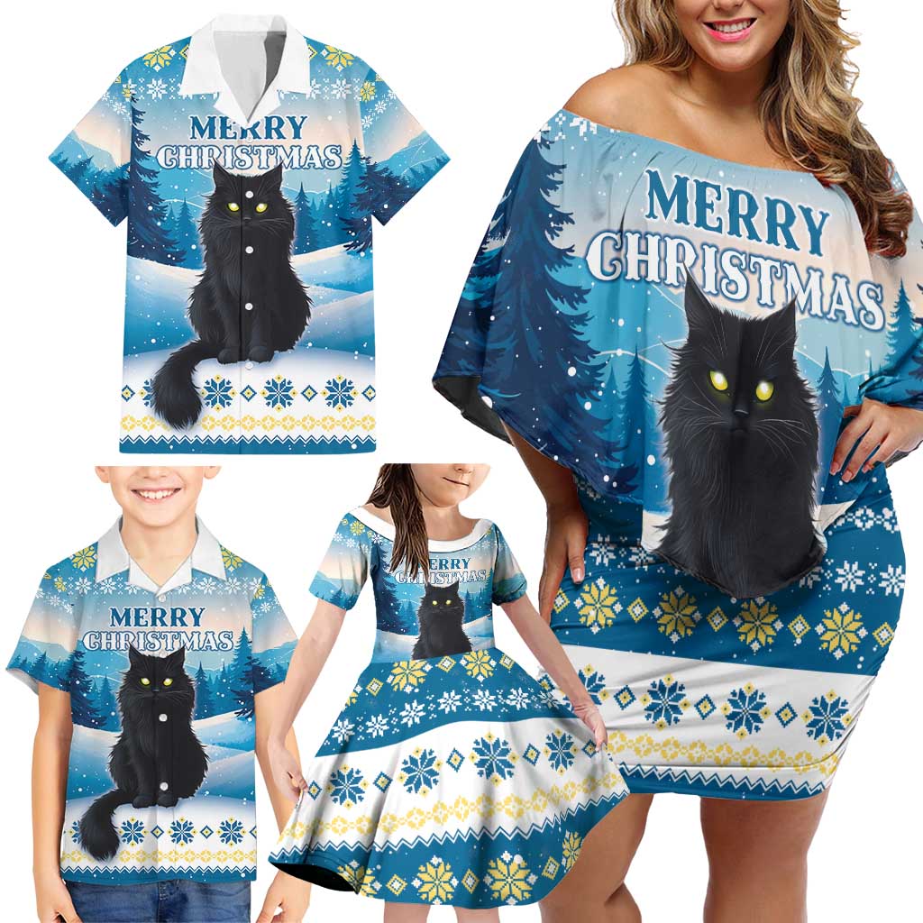 Merry Christmas Yule Cat Family Matching Off Shoulder Short Dress and Hawaiian Shirt Icelandic Folklore Jolakotturinn LT05 - Wonder Print Shop