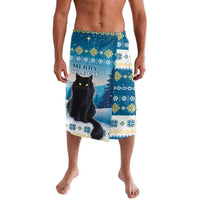 Blue knee-length lounge shorts with black cat graphic and snowflake patterns