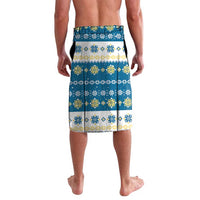 Blue and white geometric patterned lounge shorts with festive trim and drawstring