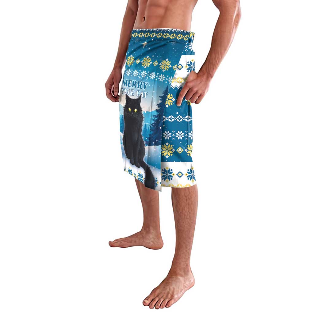 Blue cat-themed lounge shorts with snowflake and diamond holiday motifs, side view