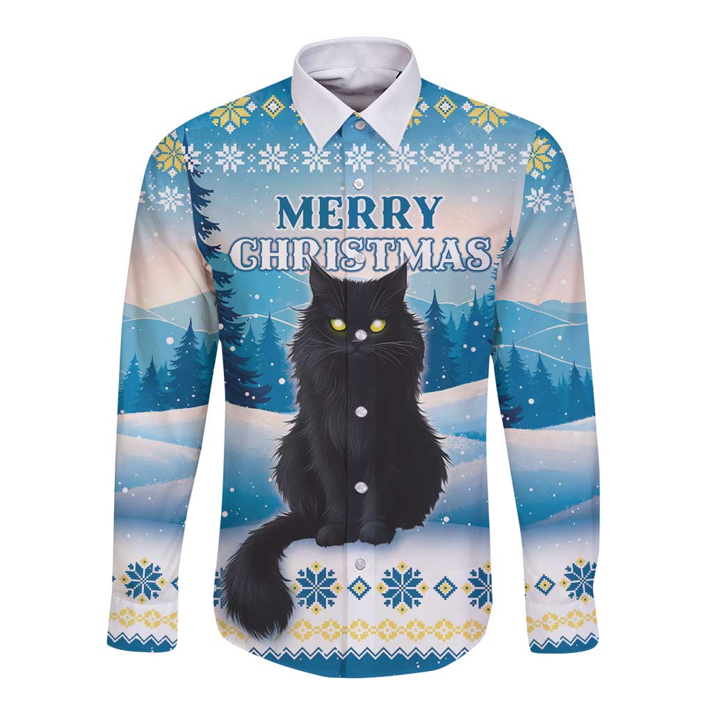 Blue long-sleeve button shirt with black cat and 'Merry Christmas' front graphic