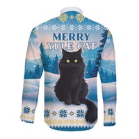 Blue long-sleeve button shirt, black cat with 'Merry Yule Cat' text on back