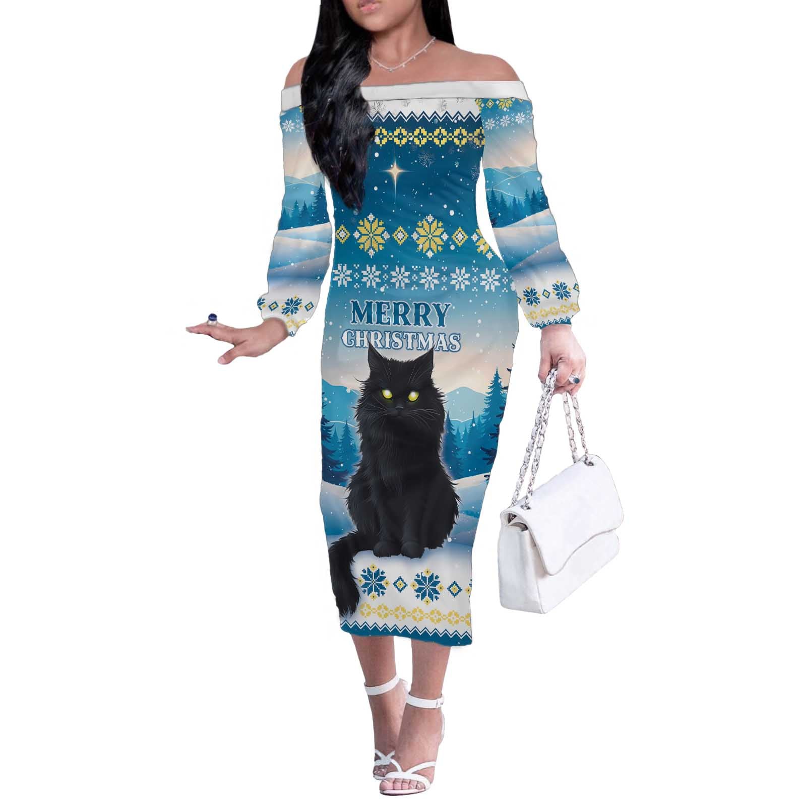 Merry Christmas Yule Cat Off The Shoulder Long Sleeve Dress Icelandic Folklore Jolakotturinn LT05 - Wonder Print Shop