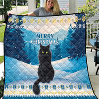Blue quilt with black cat, glowing eyes, and “Merry Christmas” winter scene