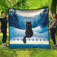 Blue quilt showing a black cat silhouette with “Merry Christmas” over snowy landscape
