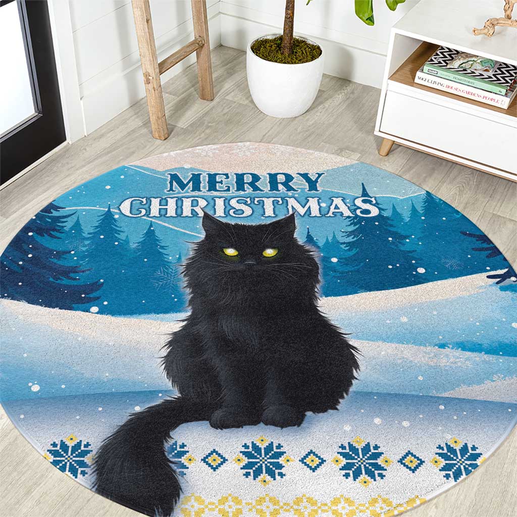 Round blue Christmas cat area rug with 'Merry Christmas' text and snowflake border