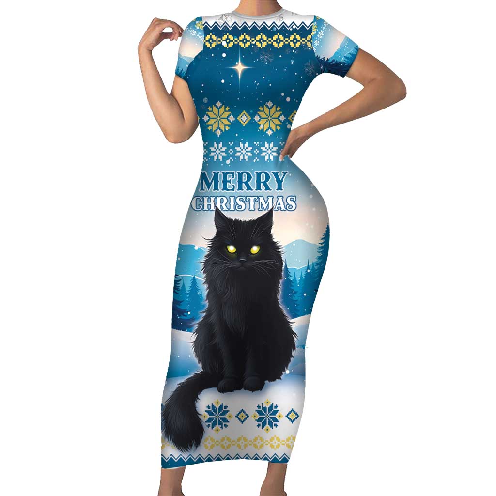 Merry Christmas Yule Cat Short Sleeve Bodycon Dress Icelandic Folklore Jolakotturinn