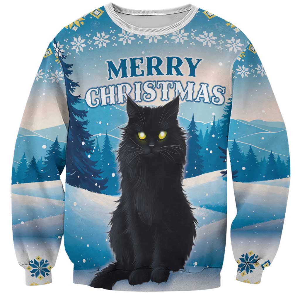 Unisex blue sweatshirt with Merry Christmas graphic and black cat in winter scene