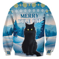 Unisex blue sweatshirt with Merry Yule Cat text, black cat, snowflake pattern