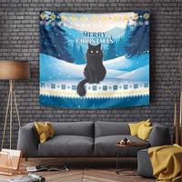 Blue hanging tapestry with black cat in snowy landscape and “Merry Christmas” text