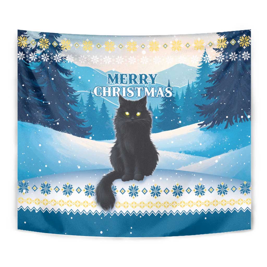 Close-up blue cat tapestry with black cat face and “Merry Christmas” text