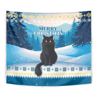 Close-up blue cat tapestry with black cat face and “Merry Christmas” text