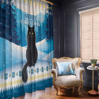 Blue Christmas window curtain panel with black cat silhouette, pine trees, and 'MERRY CHRISTMAS'