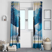 Blue Christmas window curtain pair with black cat silhouette, snowy pattern borders, and pine trees