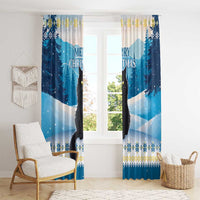 Blue Christmas window curtain panels with black cat silhouette, 'MERRY CHRISTMAS' text, and snowflakes