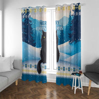 Blue Christmas window curtain panels with black cat silhouette and 'MERRY CHRISTMAS' text