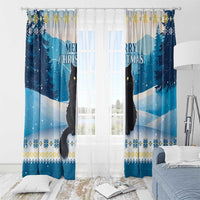 Blue Christmas cat window curtain pair with black cat face, pine trees, and 'MERRY CHRISTMAS'