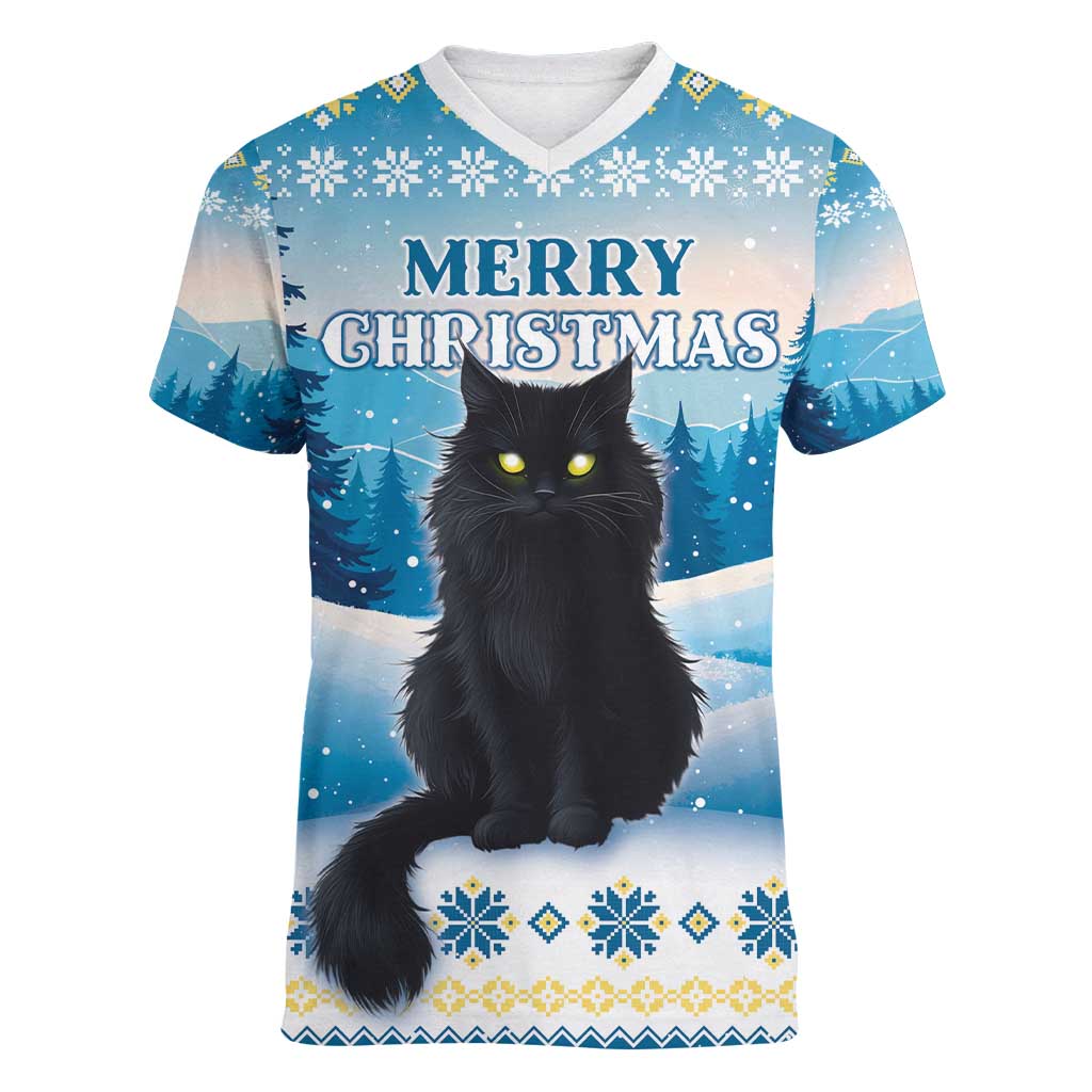 Merry Christmas Yule Cat Women V-Neck T-Shirt Icelandic Folklore Jolakotturinn