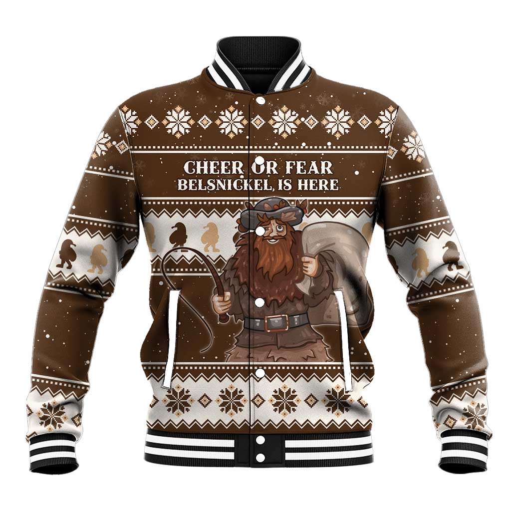 Brown baseball jacket with holiday graphic and striped ribbed collar and cuffs