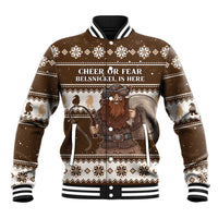 Brown baseball jacket with holiday graphic and striped ribbed collar and cuffs