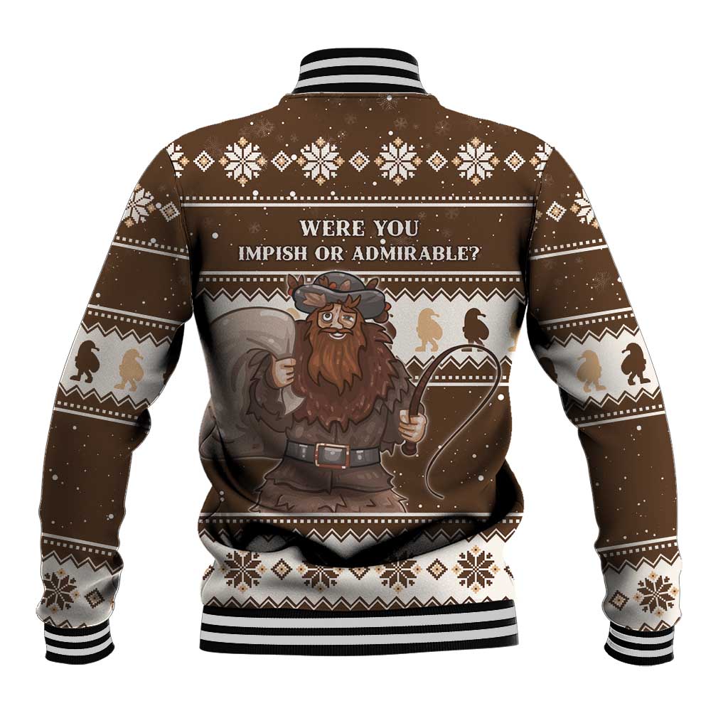 Brown baseball jacket with back holiday graphic, striped ribbed collar, and snap buttons