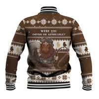 Brown baseball jacket with back holiday graphic, striped ribbed collar, and snap buttons