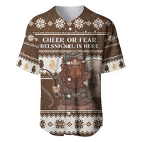 Brown Christmas baseball jersey with Belsnickel graphic and Cheer or Fear text