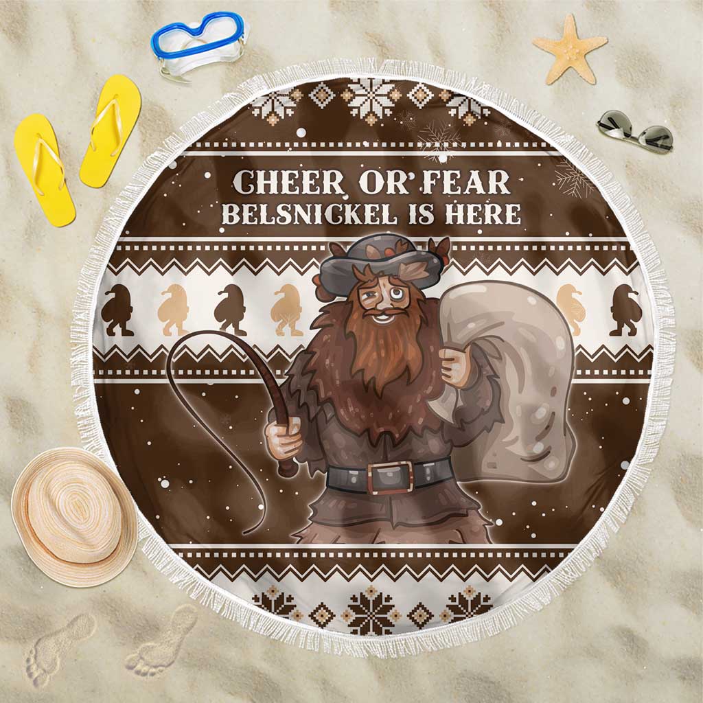 Brown round Christmas beach blanket with fringe edge, Belsnickel graphic and 'Cheer or Fear' text