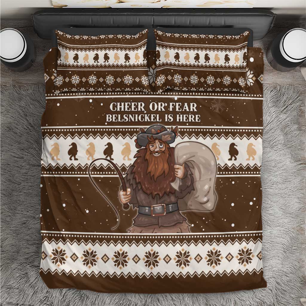 Brown holiday bedding set with Belsnickel character, snow dots, and folk border design
