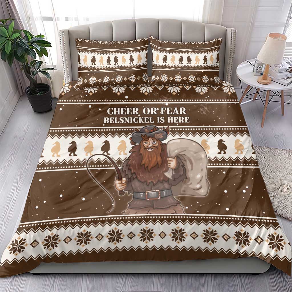 Brown Christmas bedding set with two pillow shams and Belsnickel graphic center panel