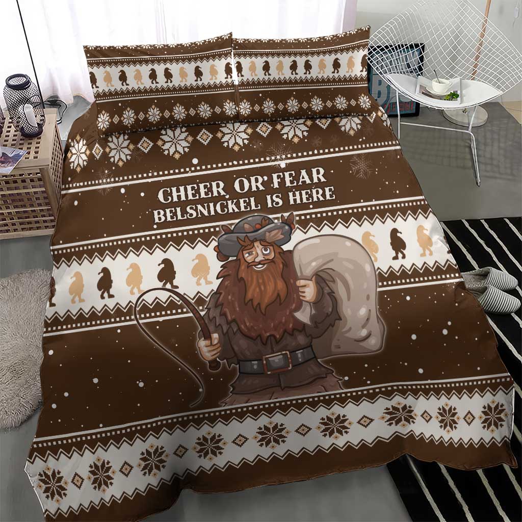Brown duvet and sham bedding set with “Cheer or Fear” text and Belsnickel artwork