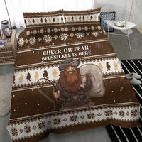 Brown duvet and sham bedding set with “Cheer or Fear” text and Belsnickel artwork