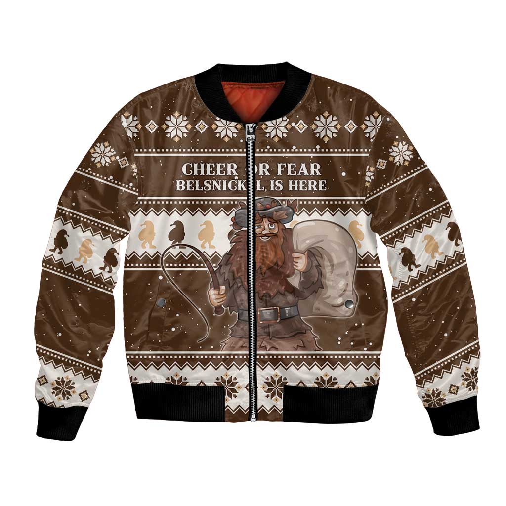 Brown unisex bomber jacket, full-zip, festive graphic with 'Cheer or Fear' text.