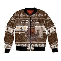 Brown unisex bomber jacket, full-zip, festive graphic with 'Cheer or Fear' text.