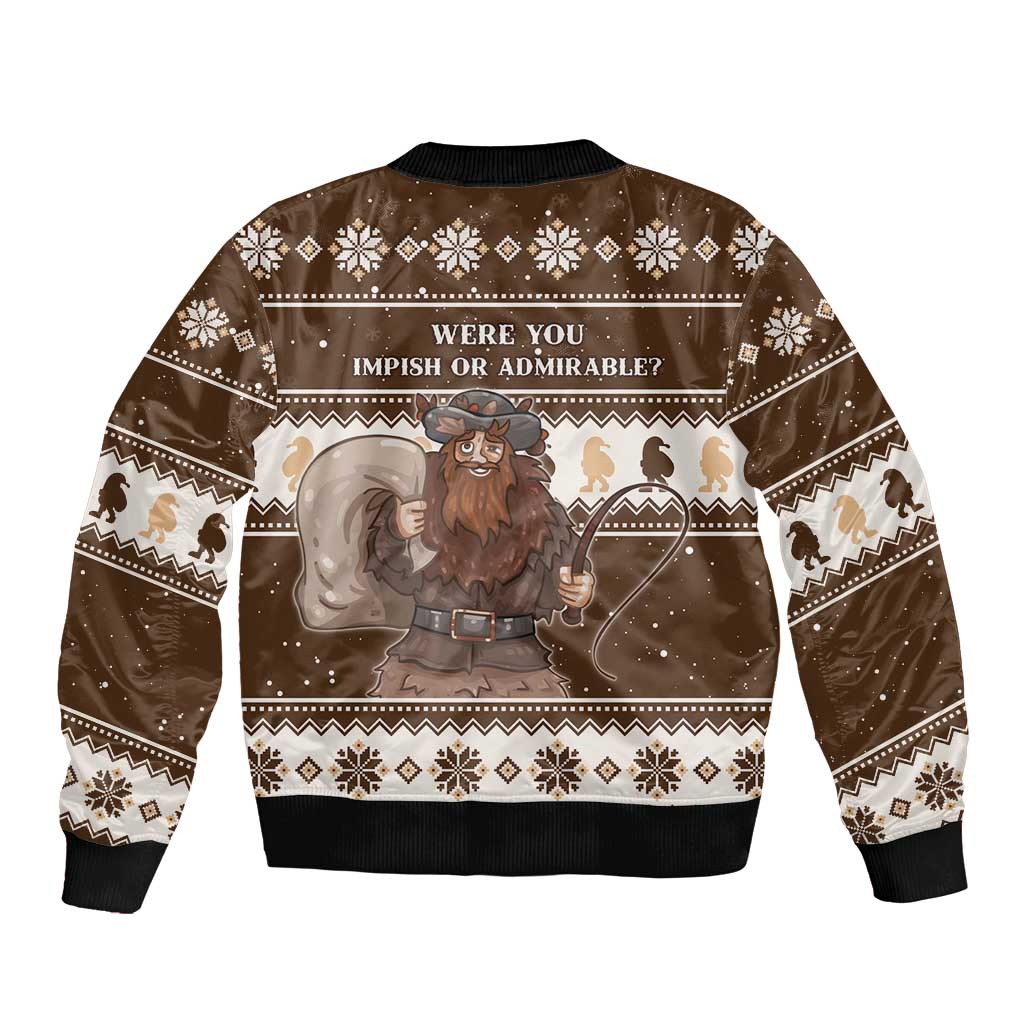 Brown unisex bomber jacket, back graphic with 'Impish or Admirable' text.