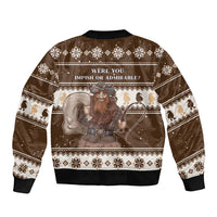 Brown unisex bomber jacket, back graphic with 'Impish or Admirable' text.