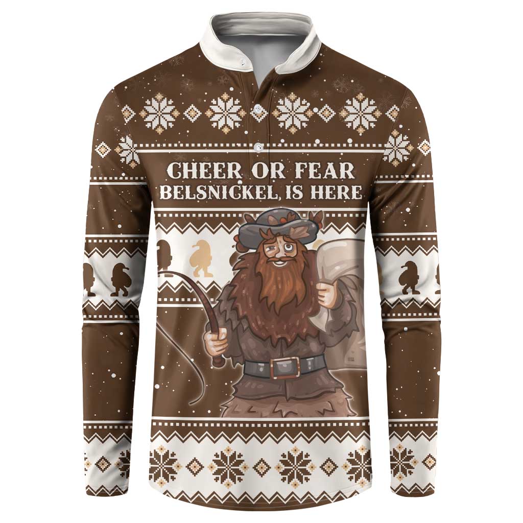 Brown long-sleeve button sweatshirt with festive Belsnickel graphic and holiday pattern