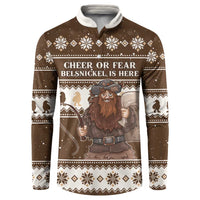 Brown long-sleeve button sweatshirt with festive Belsnickel graphic and holiday pattern