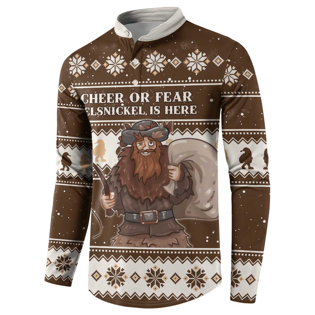 Brown long-sleeve button sweatshirt, Belsnickel holding a staff and 'Cheer or Fear' text