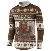 Brown long-sleeve button sweatshirt, Belsnickel holding a staff and 'Cheer or Fear' text