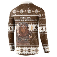 Brown long-sleeve button sweatshirt, Belsnickel back print and 'Were You Impish or Admirable?'