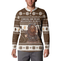 Brown long-sleeve button sweatshirt with Belsnickel front print and snowflake knit pattern