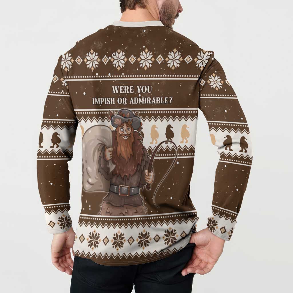 Brown long-sleeve button sweatshirt with Belsnickel back graphic and holiday sweater trim