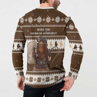 Brown long-sleeve button sweatshirt with Belsnickel back graphic and holiday sweater trim