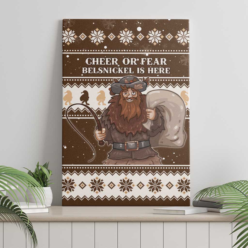 Brown canvas wall art featuring a Belsnickel character with “Cheer or Fear” wording.