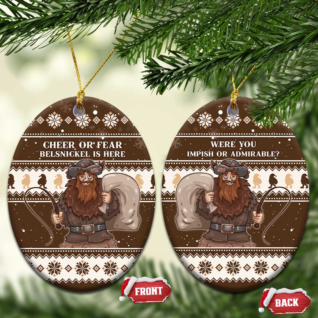 Brown ceramic circle ornaments hanging side by side, “Cheer or Fear” and “Were you impish or admirable?”